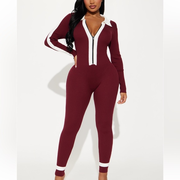 Fashion Nova Wine Burgundy/White Fall Semester Sweater Long Sleeve Jumpsuit - Picture 8 of 16